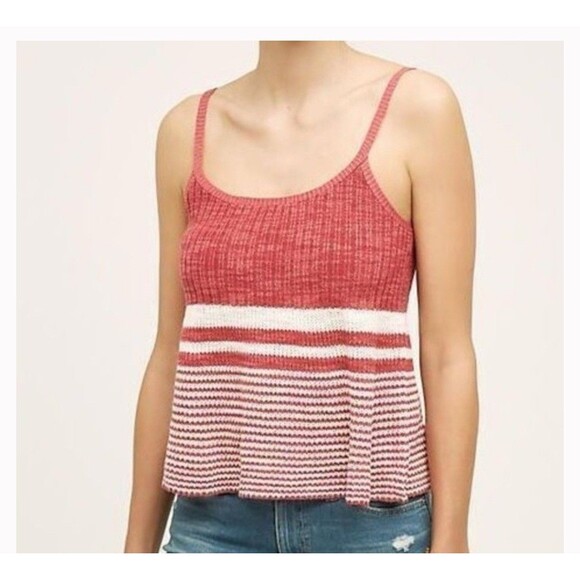 Anthropologie Moth Nuru Knit Sweater Tank Red Stripe Knit Adjustable Straps Sz M - Picture 1 of 6